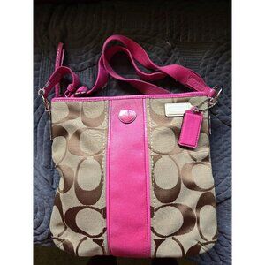 Coach f21905 Signature Stripe Khaki Pink Crossbody Purse Bag